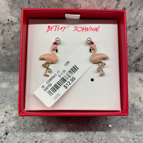 NEW Betsey Johnson Christmas Santa Hat Flamingo Post Earrings NIB - Picture 1 of 4